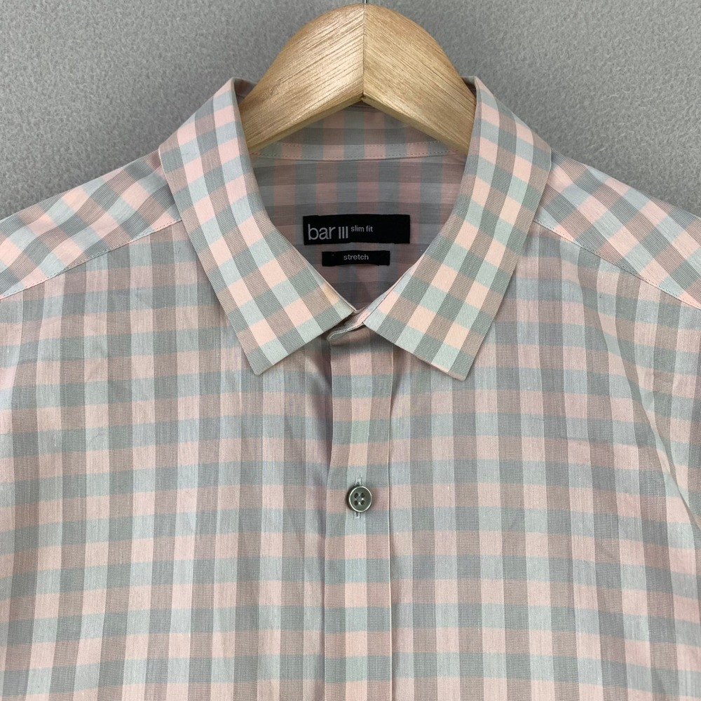 Bar III Oxford Gingham Shirt Mens Medium Pink Check Slim-Fit Stretch Button Up
